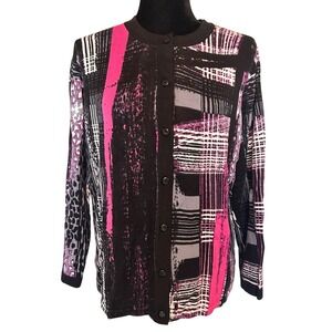 NWT Bob Mackie Black and Pink Patterned Printed Cardigan Sweater Size Medium